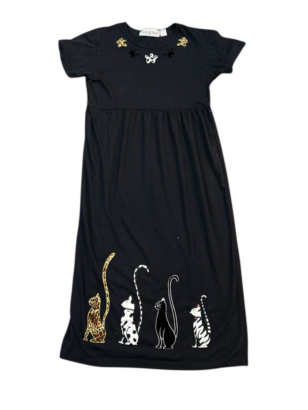Vintage Embroidered Cat Knit Maxi T Shirt Dress Womens Medium Grandma Cottage